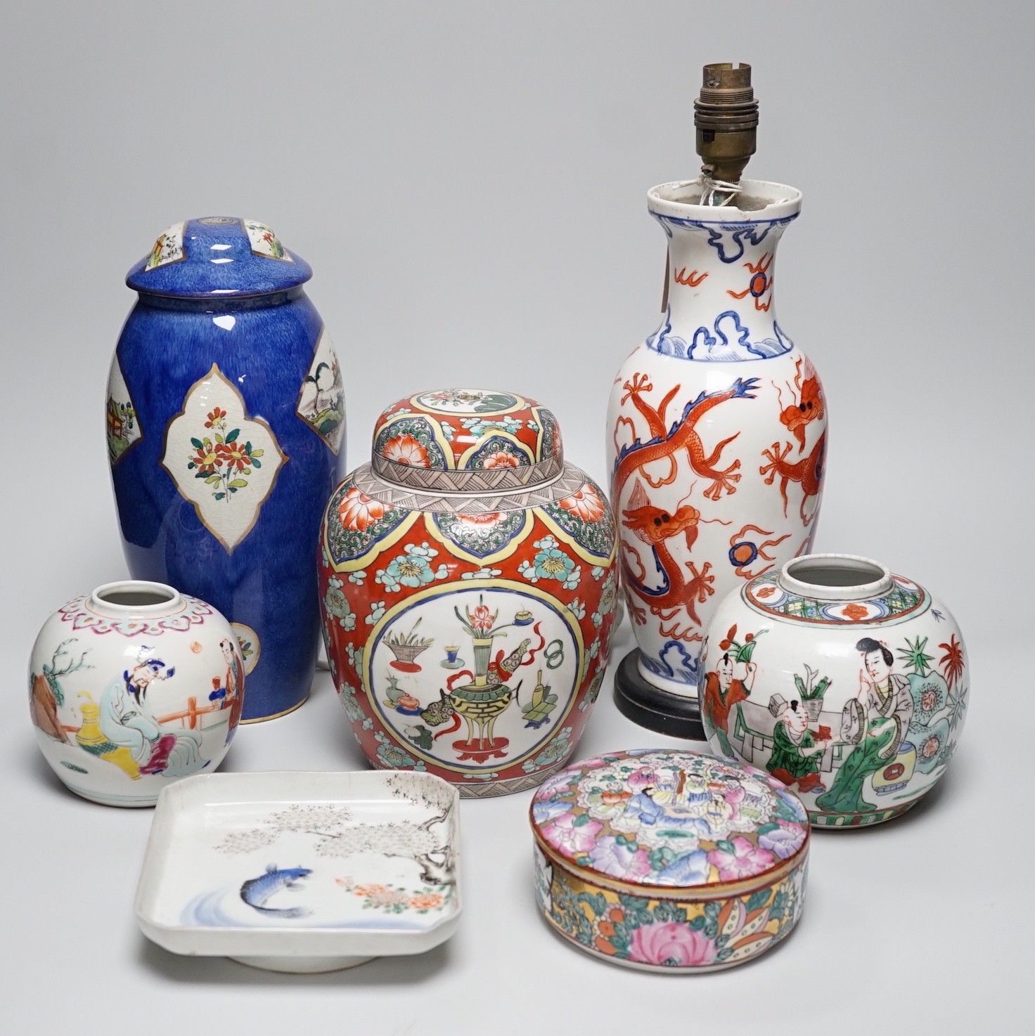 A group of Chinese famille rose jars, Paris porcelain lamps etc - tallest 34.5cm